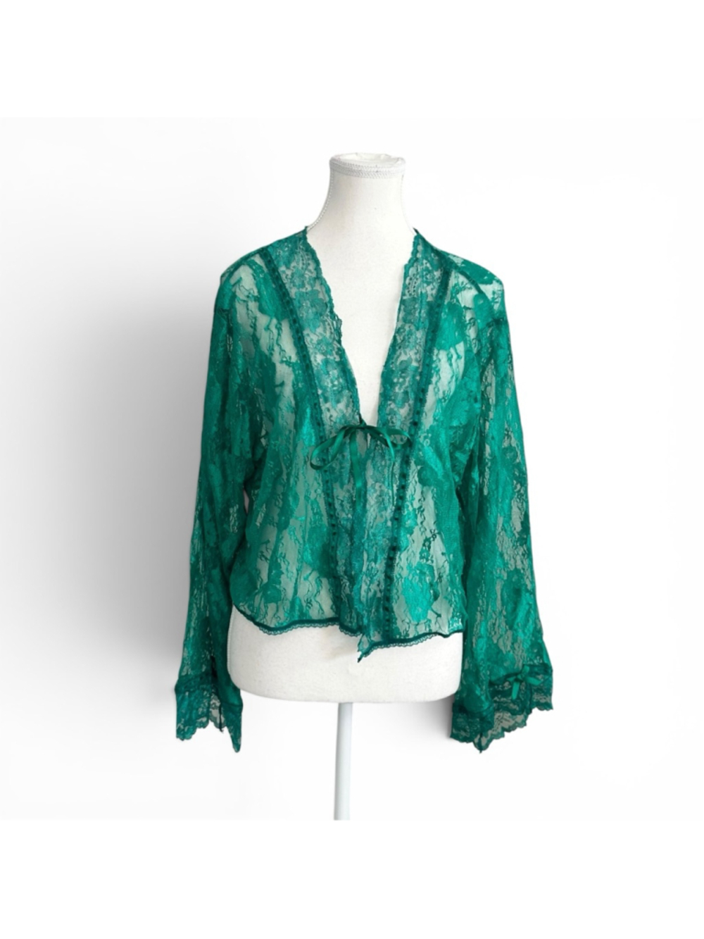 Y2K Emerald Green Lace Tie Front Cardigan Fairycore Whimsigoth